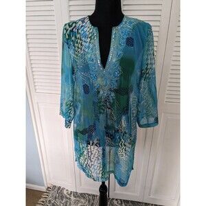 Bali Club Top Womens S 3/4 Sleeve Embroidered Sheer Tunic Coverup Teal Coastal